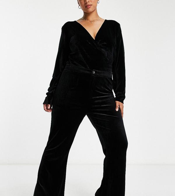 In The Style Plus exclusive velvet fitted flares in black (part of a set)