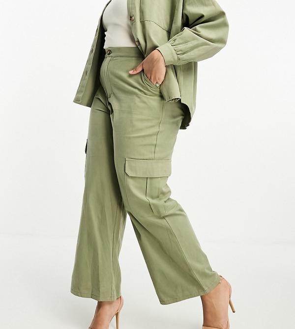 In The Style Plus x Gemma Atkinson utility cargo pants in khaki (part of a set)-Green