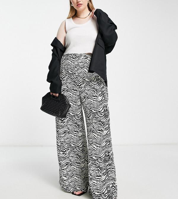 In The Style Plus x Yasmin Devonport exclusive wide leg pants in zebra print-Multi