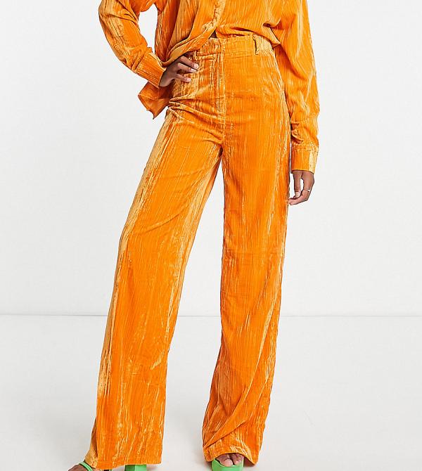 In The Style Tall exclusive velvet wide leg pants in ochre (part of a set)-Yellow