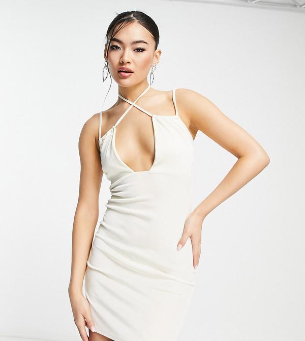 In The Style x Yasmin Devonport exclusive cut out detail mini bodycon dress in cream-White