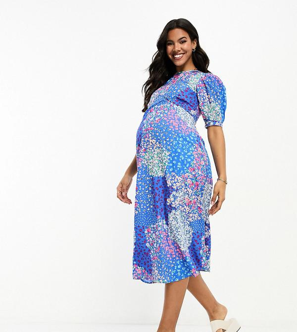 Influence Maternity flutter sleeve midi tea dress in blue floral print