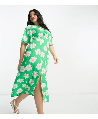 Influence Plus flutter sleeve midi tea dress in green floral print