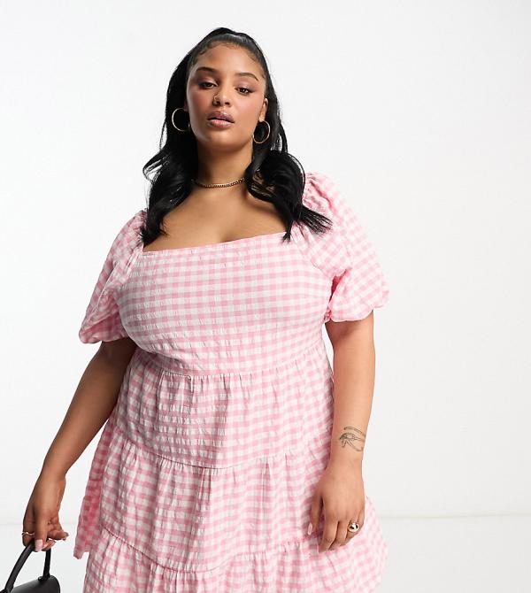 Influence Plus square neck puff sleeve beach dress in pink gingham