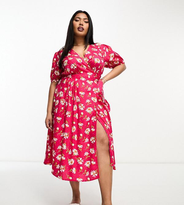 Influence Plus wrap front midi dress in pink and white floral print