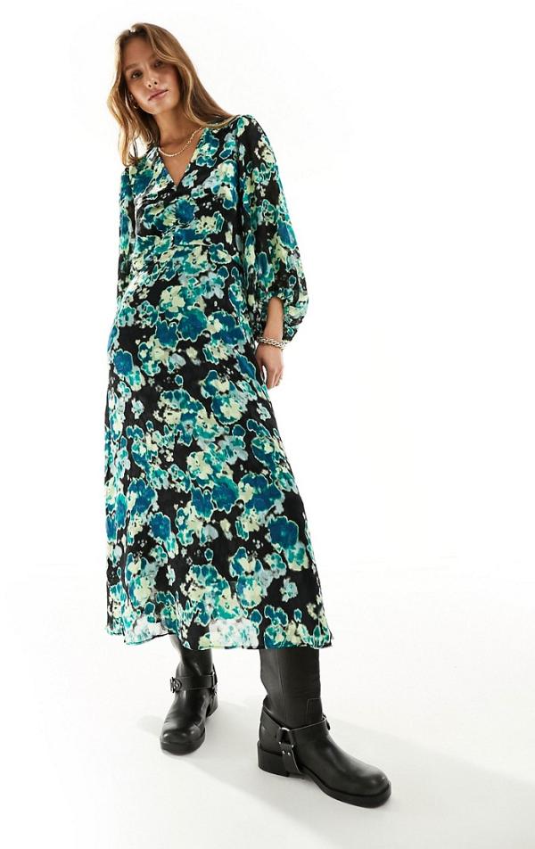 InWear Cisira long sleeve midi dress in blue floral print-Multi