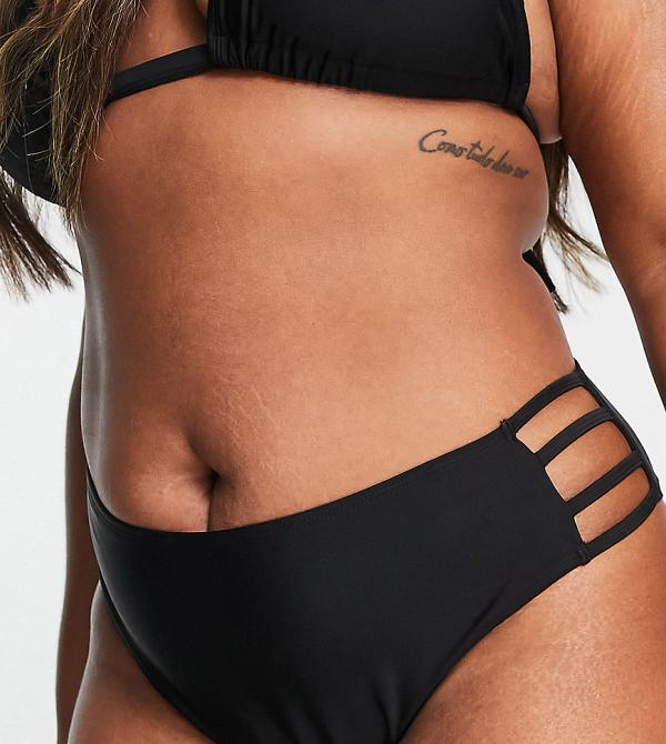 Ivory Rose Curve mix & match high strap detail bikini bottoms in black