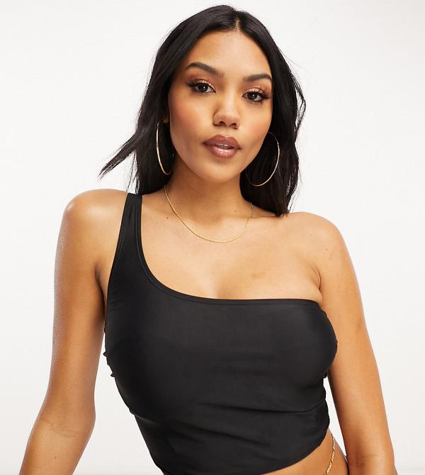 Ivory Rose Fuller Bust mix & match one shoulder long line crop bikini top in black