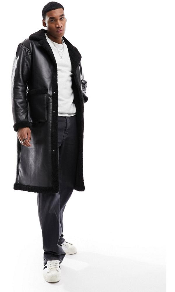 Jack & Jones faux shearling coat in black