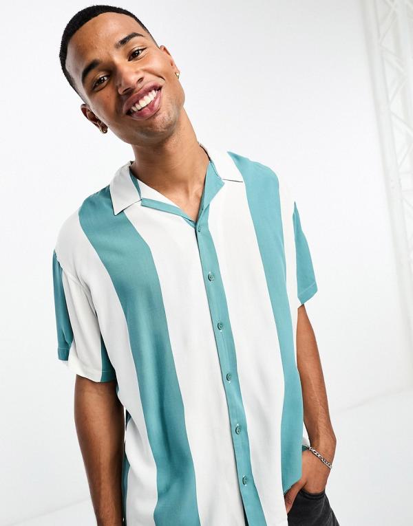 Jack & Jones Originals oversized revere collar shirt in green stripe-White