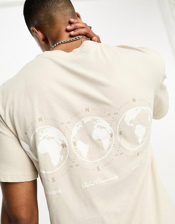 Jack & Jones Originals relaxed t-shirt with globe back print in beige-White