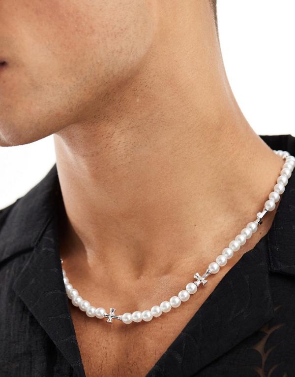 Jack & Jones pearl necklace with silver plated cross charms-White
