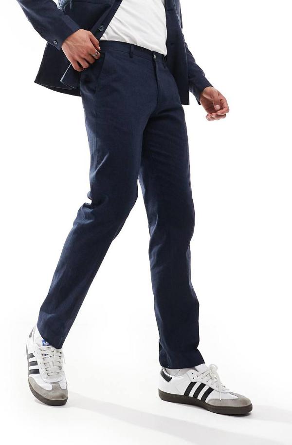 Jack & Jones Premium linen mix casual suit pants in navy