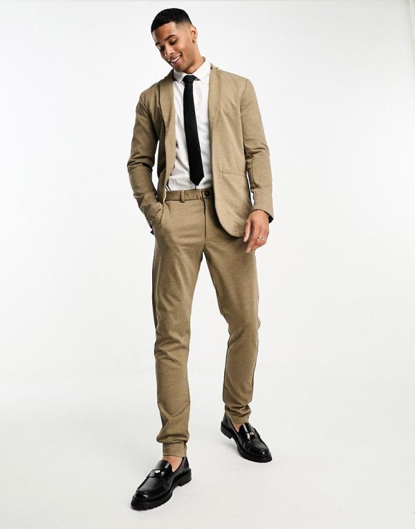 Jack & Jones Premium slim fit jersey suit jacket with slim pants in beige-Neutral