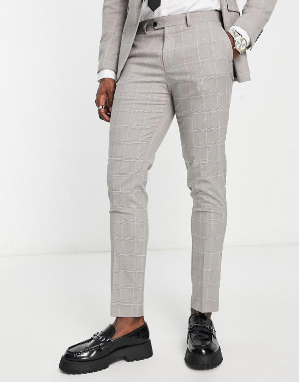 Jack & Jones Premium slim fit suit pants in light grey check-Neutral