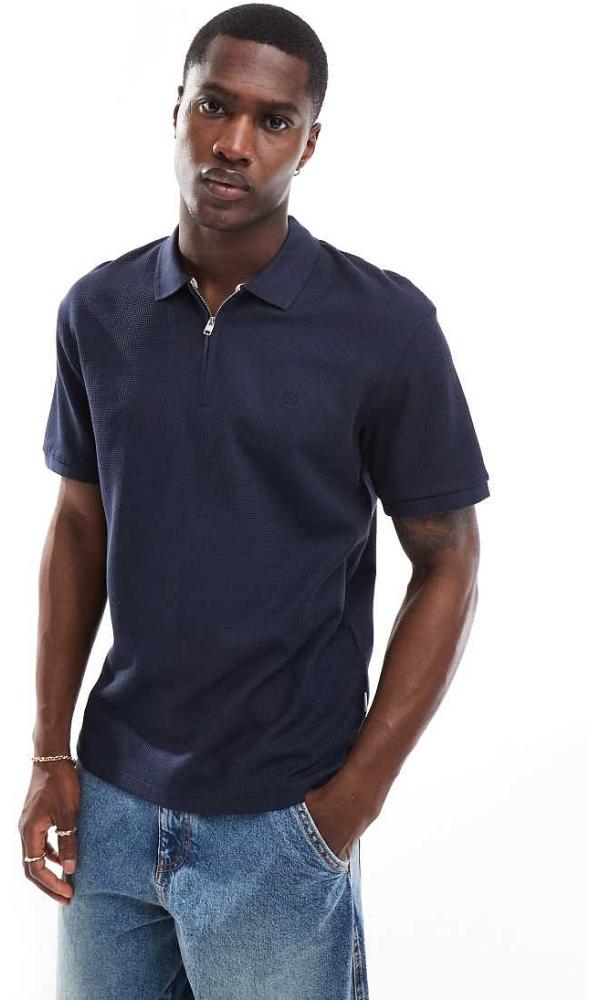 Jack & Jones Premium textured zip through polo in navy