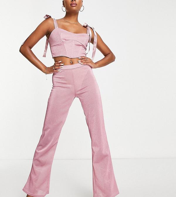 Jaded Rose Petite sheer wide leg pants in pink sparkle (part of a set)
