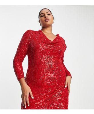 Jaded Rose Plus long sleeve mini dress with cowl neck in red sequin