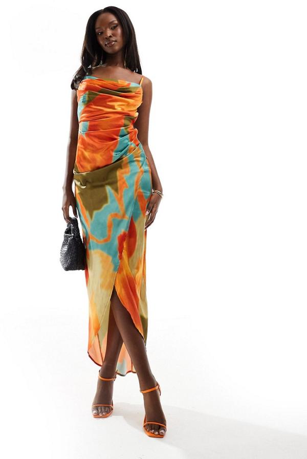 Jaded Rose satin wrap midaxi dress with open back in orange print