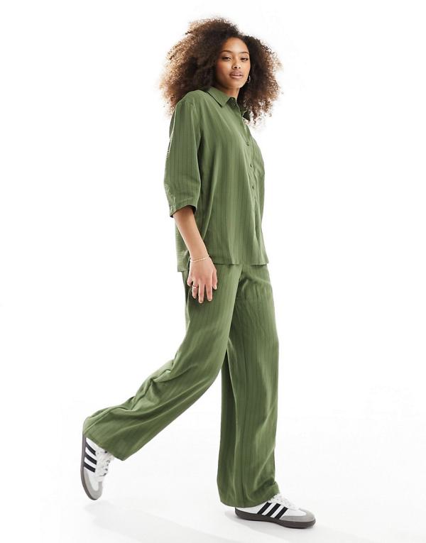 JDY high waisted wide leg pants in khaki stripe (part of a set)-Green