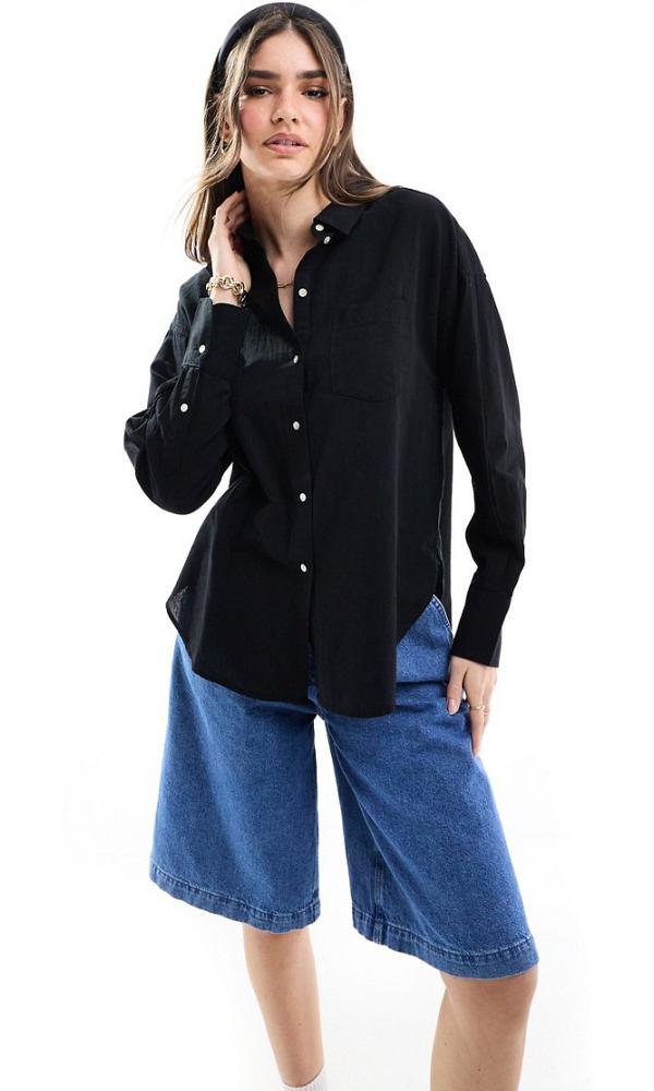 JJXX linen blend long sleeve shirt in black