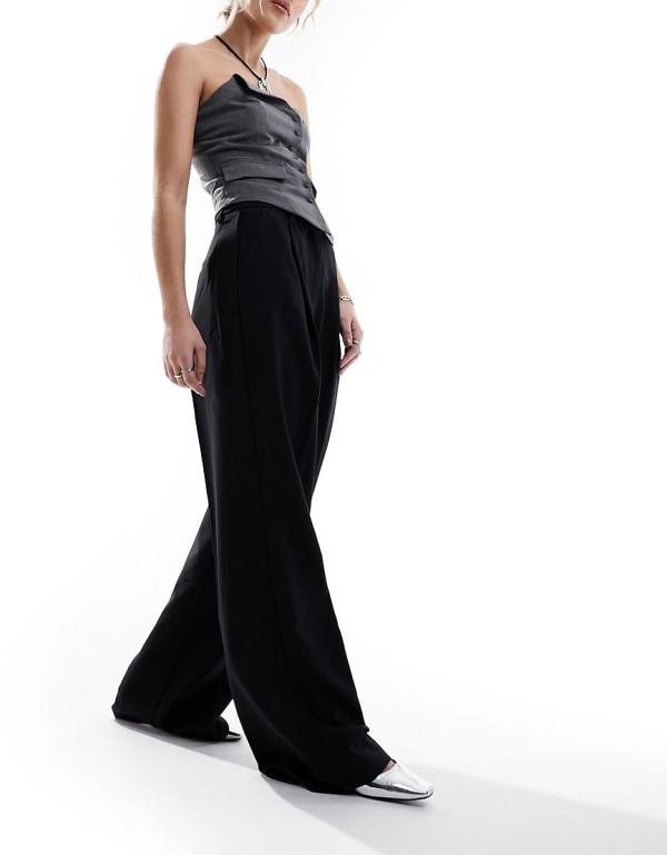 JJXX wide fit high waisted pants with front pleat in black