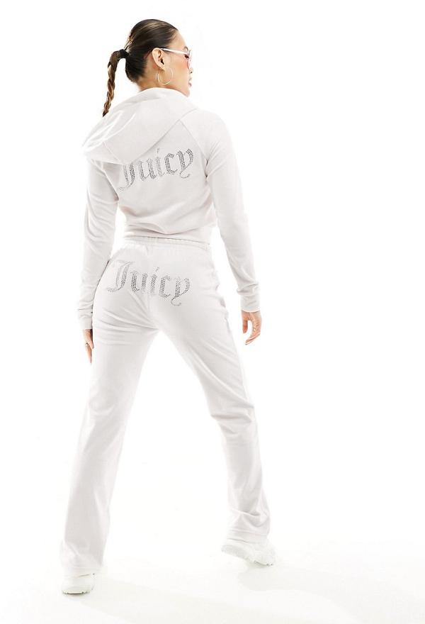 Juicy Couture diamante logo velour straight leg trackies in cream (part of a set)-White
