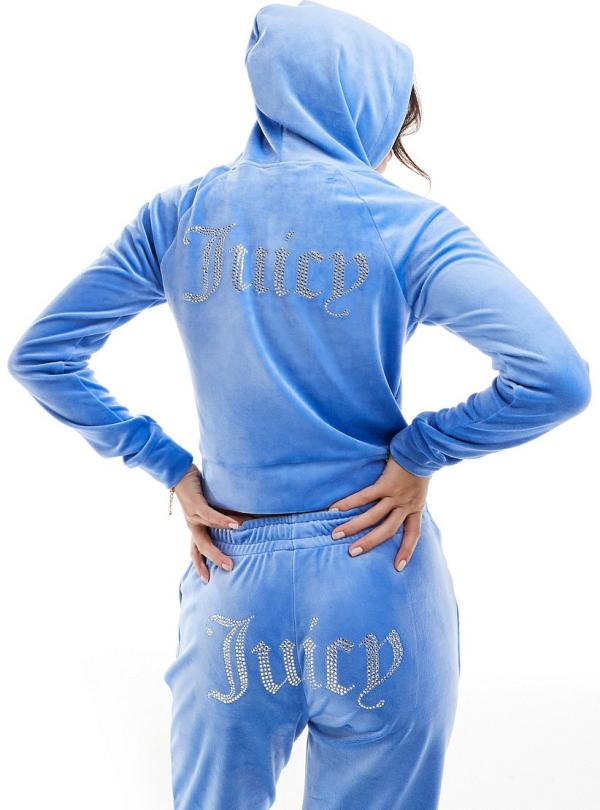 Juicy Couture diamante logo velour zip through hoodie in washed denim blue (part of a set)