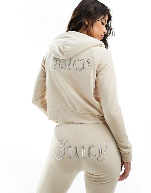 Juicy Couture diamante velour tracksuit zip hoodie in brazilian sand (part of a set)-Neutral