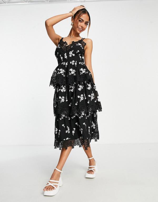 Just Me cami lace tiered midi dress in black