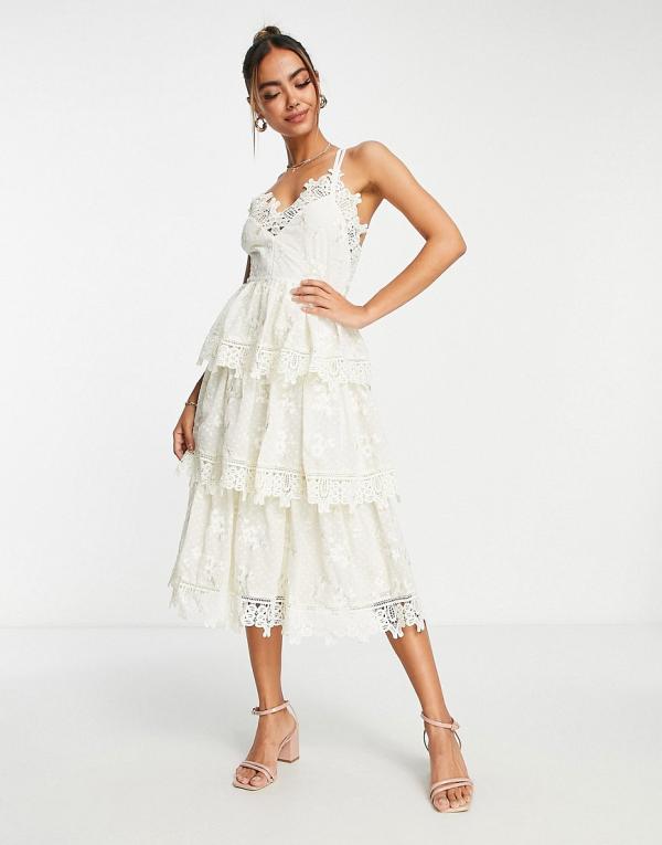 Just Me cami lace tiered midi dress in cream-White