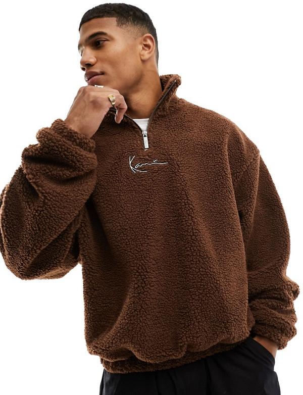 Karl Kani signature half zip sweatshirt in brown borg with metallic logo