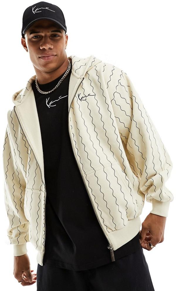 Karl Kani signature zip through hoodie in off white with wavy vertical stripes-Neutral