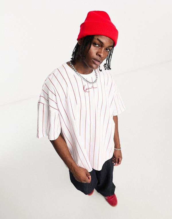 Karl Kani small signature oversized pinstripe t-shirt in white and red