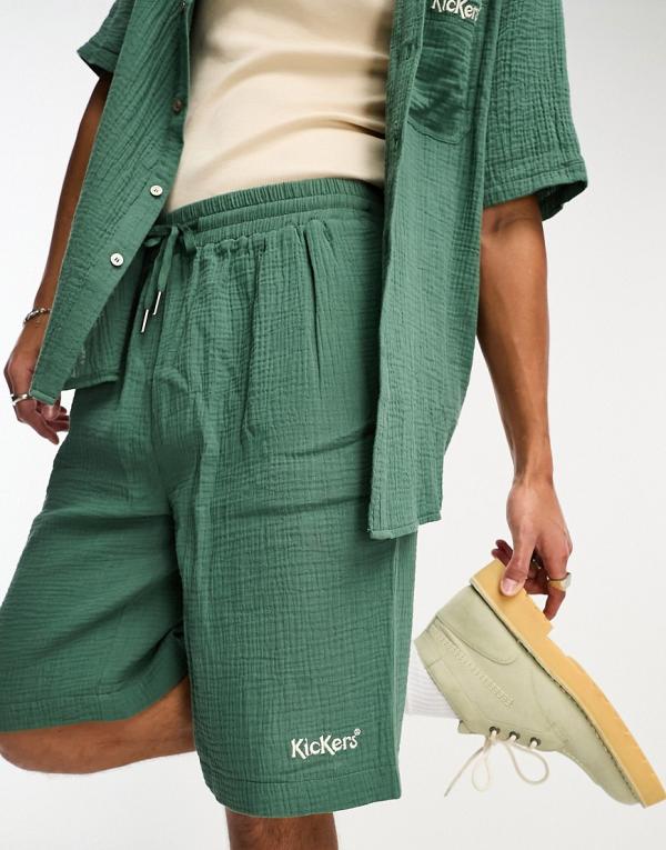 Kickers baggy fit green muslin shorts with tie waist and embroidered logo (part of a set)