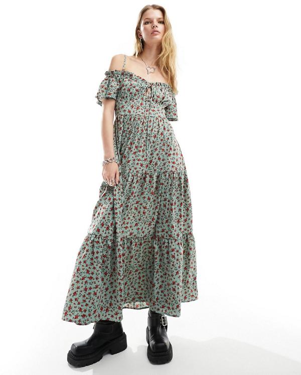 Kiss The Sky off-shoulder ditsy floral tiered maxi smock dress in teal-Green