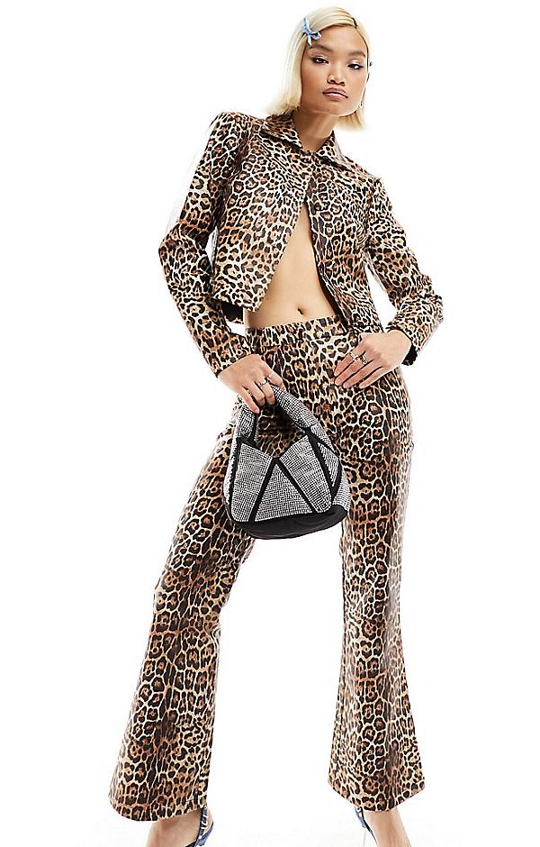 Labelrail x Dyspnea faux leather leopard print flared pants in multi (part of a set)