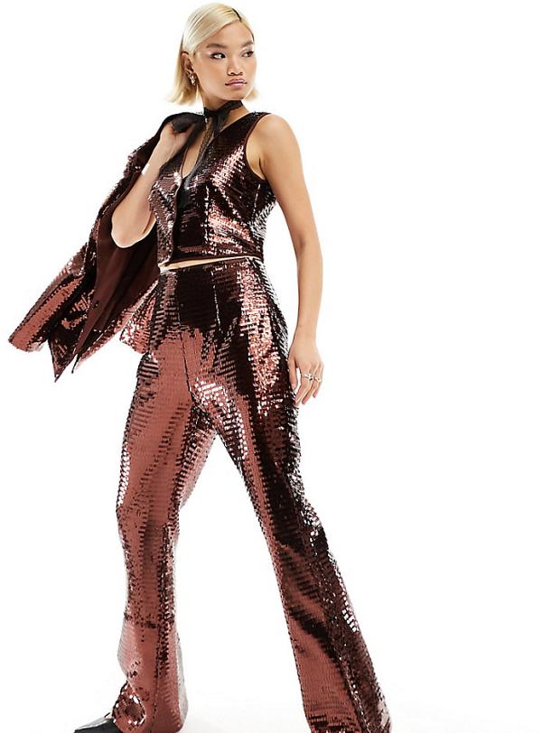 Labelrail x Dyspnea sequin high waist flared pants in bronze (part of a set)-Brown