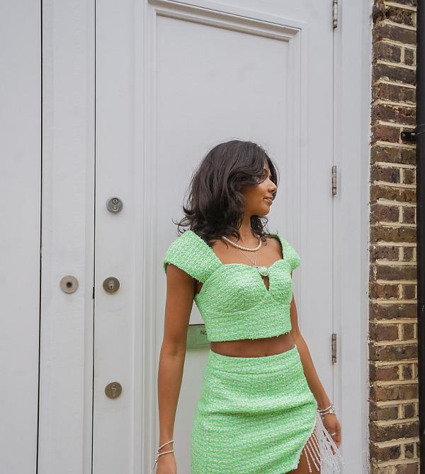 Labelrail x Pose and Repeat mini skirt in green boucle with diamante trim curtain (part of a set)