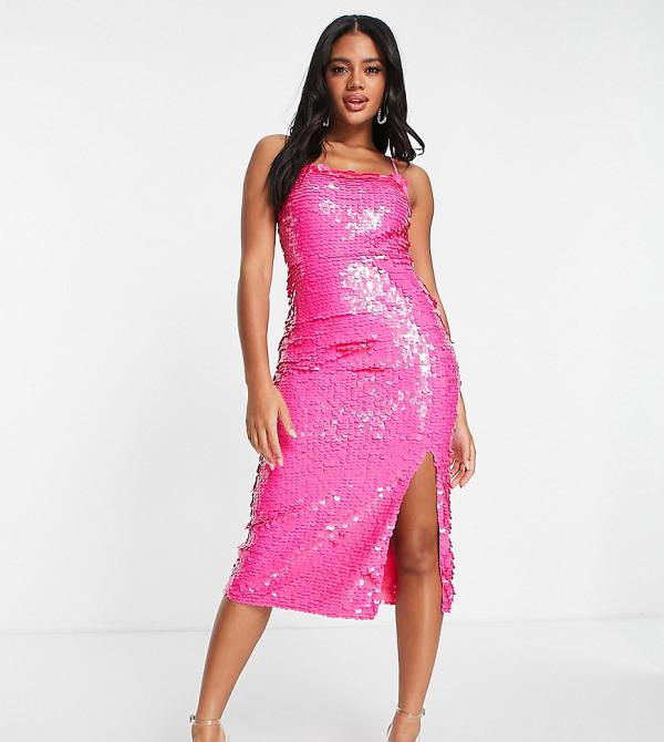 Lace & Beads exclusive leg split midi dress in bright pink disc sequin-Gold