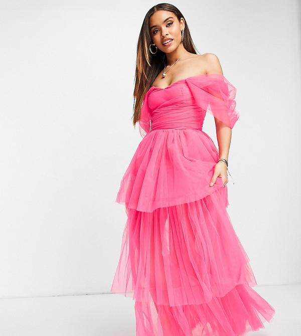 Lace & Beads Exclusive off shoulder tulle maxi dress in bright pink