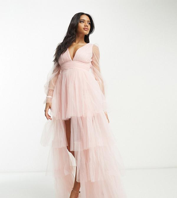 Lace & Beads exclusive sheer sleeve tiered high low maxi dress in blush-Pink
