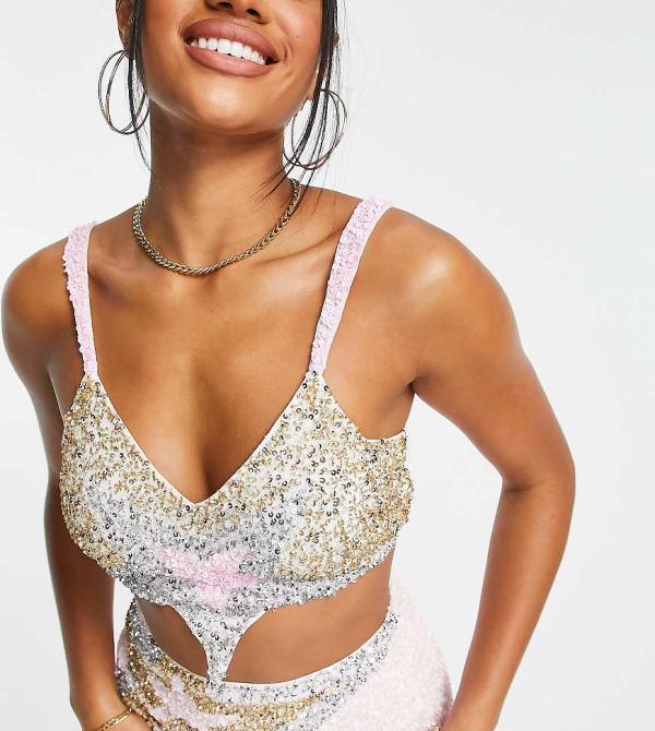 Lace & Beads exclusive star crop top in sequin (part of a set)-Multi