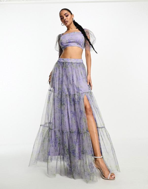 Lace & Beads organza maxi skirt in lilac floral (part of a set)-Multi