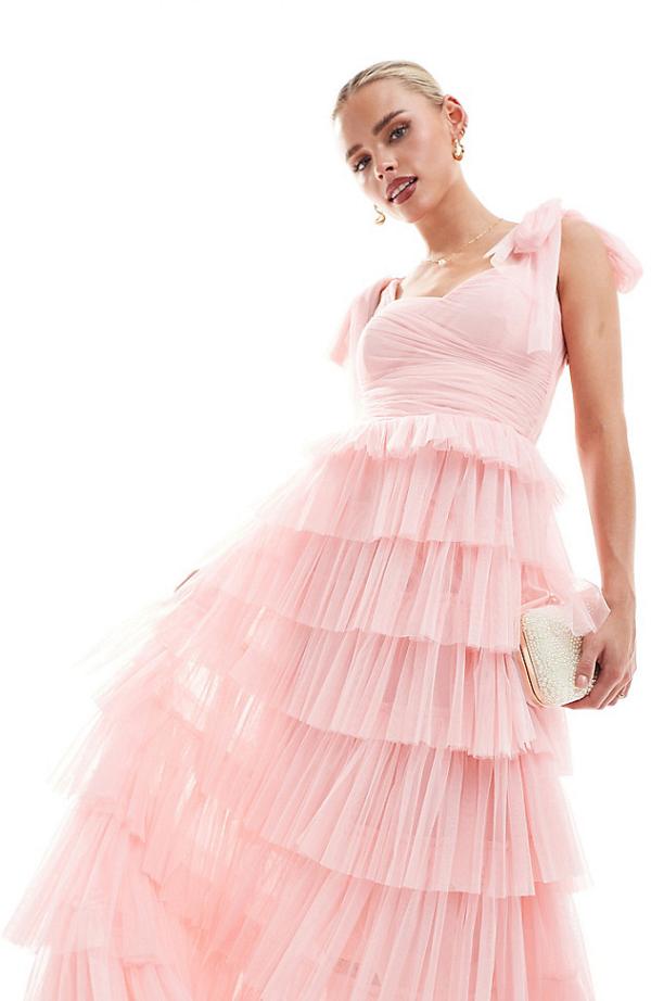 Lace & Beads Petite bow shoulder tiered maxi dress in powder pink