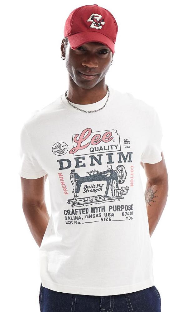 Lee denim sewing logo print t-shirt in off white