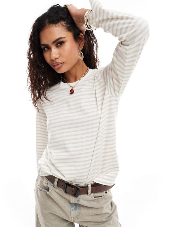 Lee Jeans long sleeve tee in white and oatmeal stripe-Neutral
