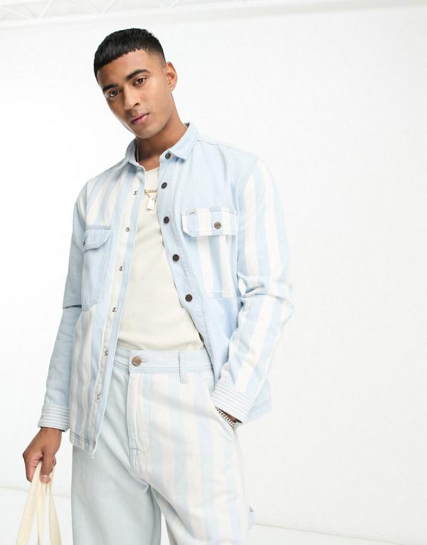 Lee workwear mixed stripe denim relaxed fit overshirt in light wash (part of a set)-Blue