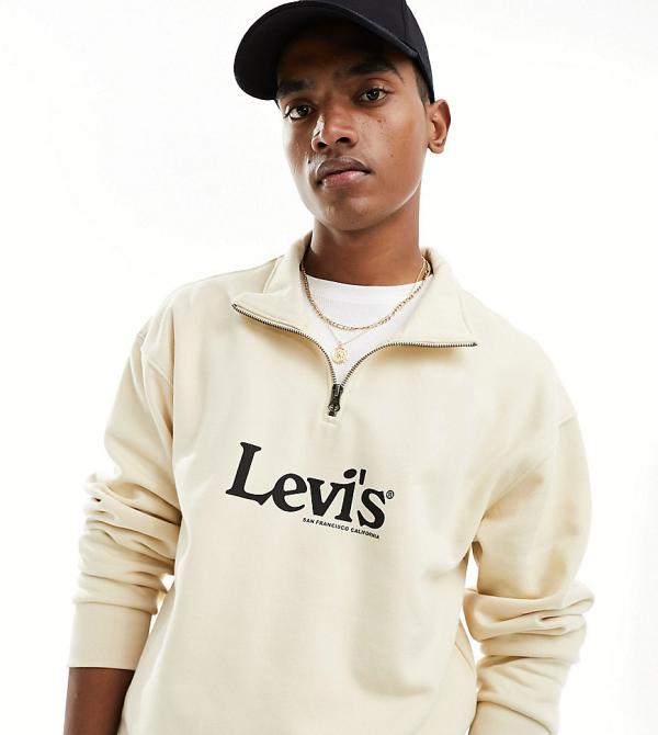 Levi's exclusive to ASOS half zip sweat with central retro logo in cream-White