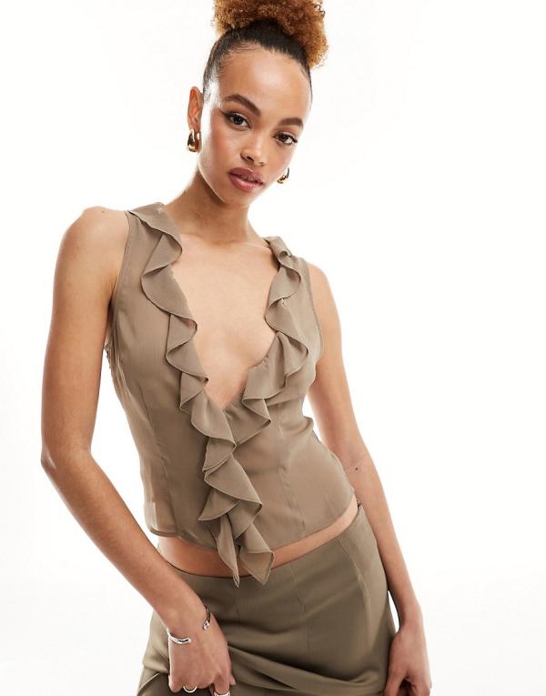 Lioness ruffle sheer chiffon plunge top in taupe (part of a set)-Neutral
